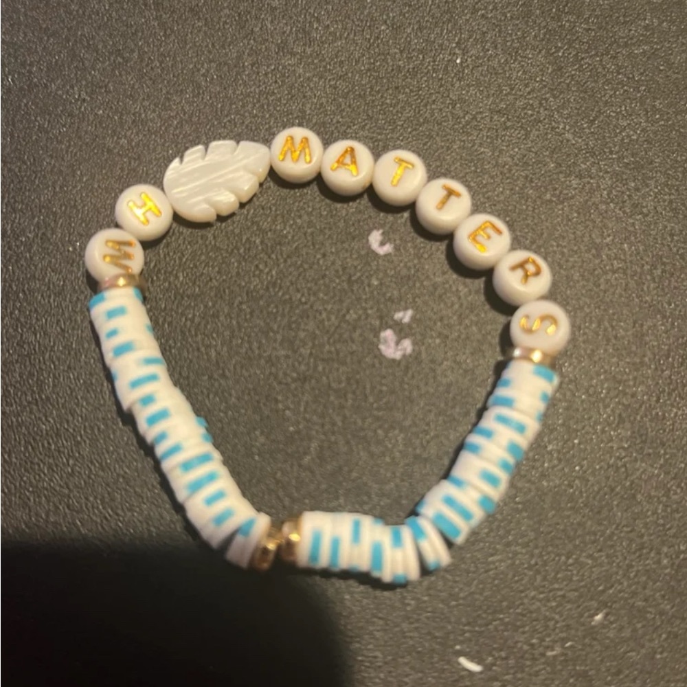 White and Blue Beaded Bracelet with Silver Charm Mental Health Awarness
